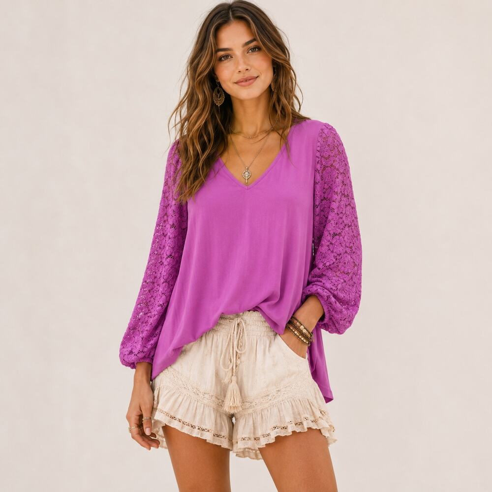 Susan Graver Liquid Knit Blouse Women's Size 1X Pink Lace Sleeves Romantic Boho